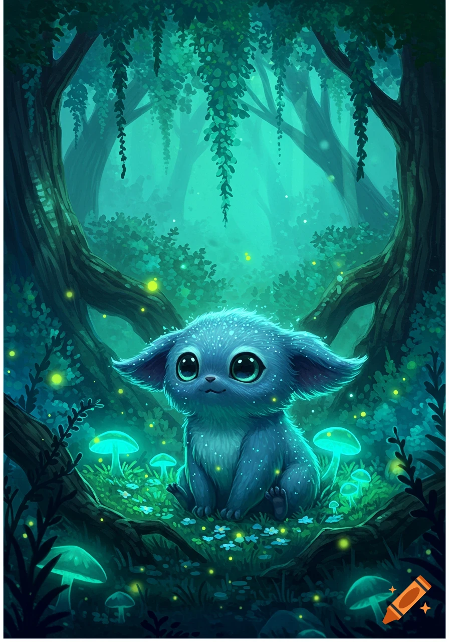 A cute, fluffy blue fantasy creature with large eyes sits in a glowing, teal-colored magical forest with luminous mushrooms.
