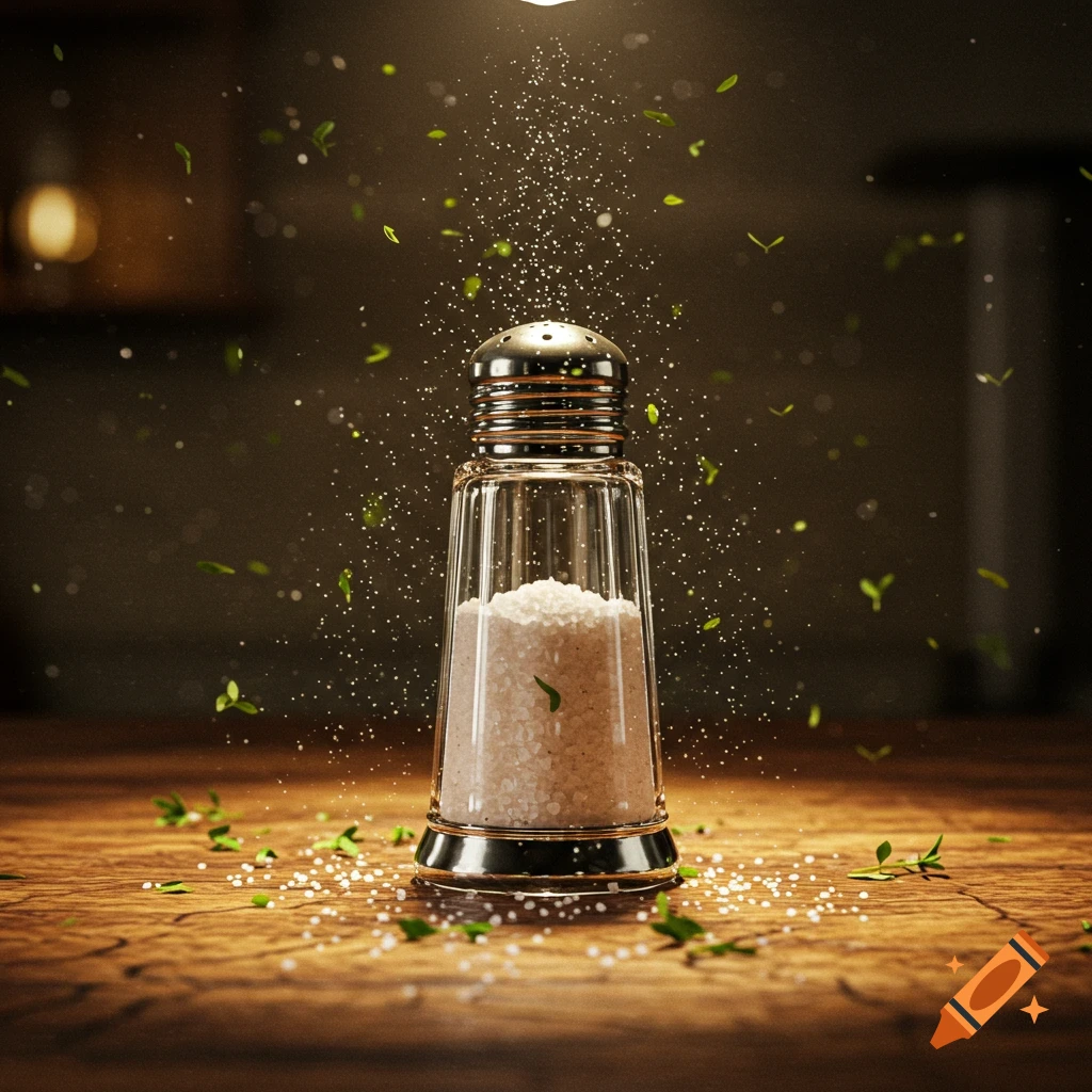 A photorealistic close-up of a glass and metal salt shaker on a wooden table, with salt and green herbs sprinkling around it.