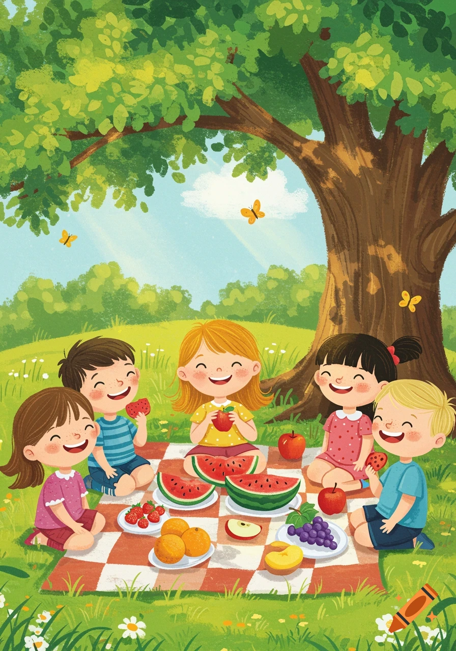 Cheerful illustration of five happy children having a picnic with fruit under a large tree in a sunny park.