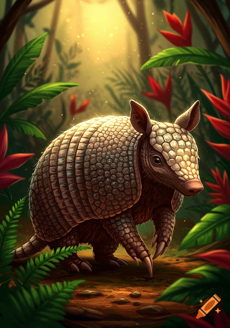 An armadillo with a textured shell walks through a vibrant, sunlit jungle with green leaves and red flowers.
