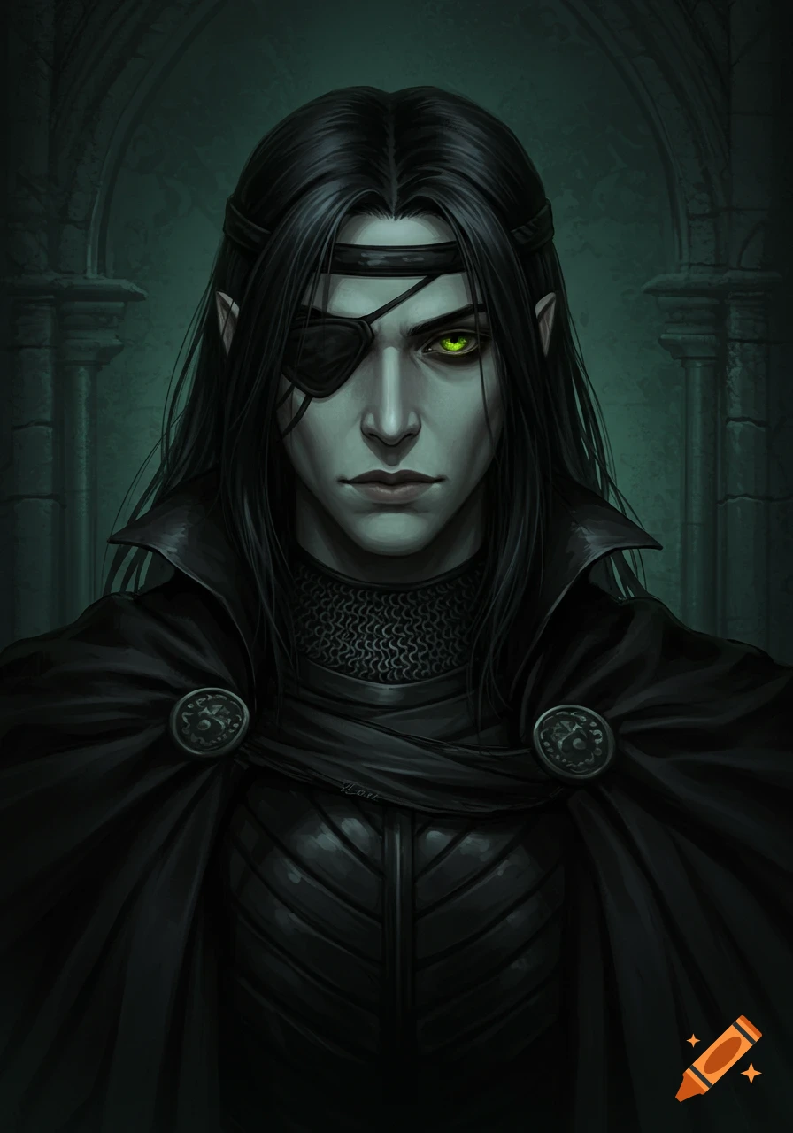 Dark fantasy portrait of a pale man with long black hair, an eyepatch, glowing green eye, and medieval cloak.