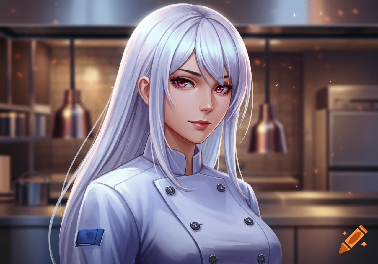 Anime-style portrait of a woman with long silver hair and magenta eyes, wearing a white chef's coat in a kitchen setting.