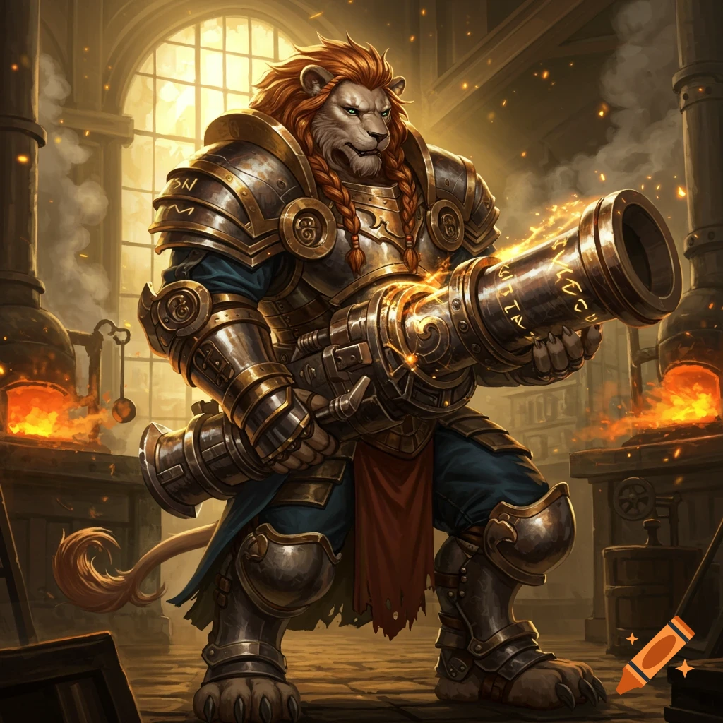 A leonine artificer in ornate armor holds a large cannon in a glowing forge, fantasy art style.
