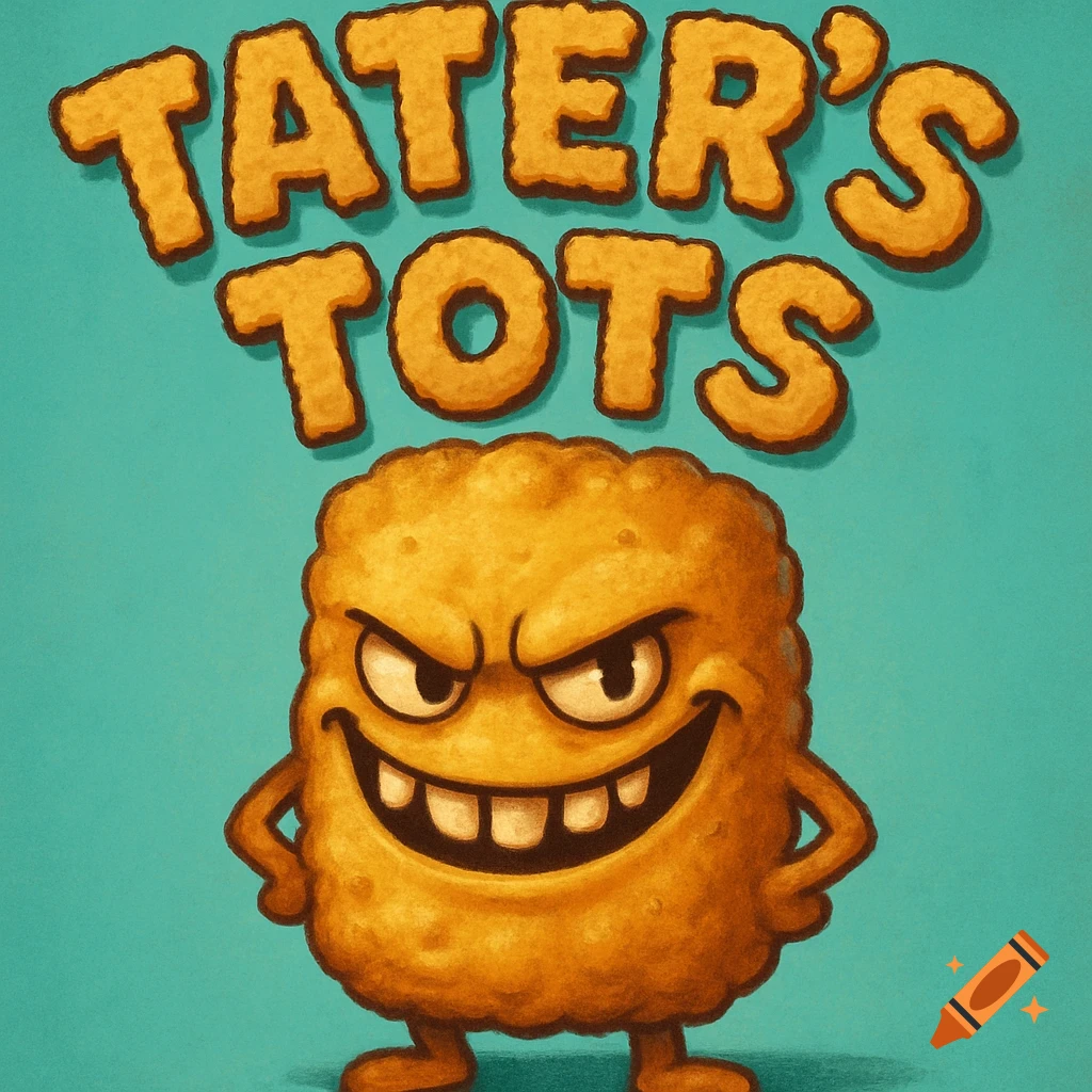 Cartoon tater tot character with an evil grin and 'Tater's Tots' text on a teal background.