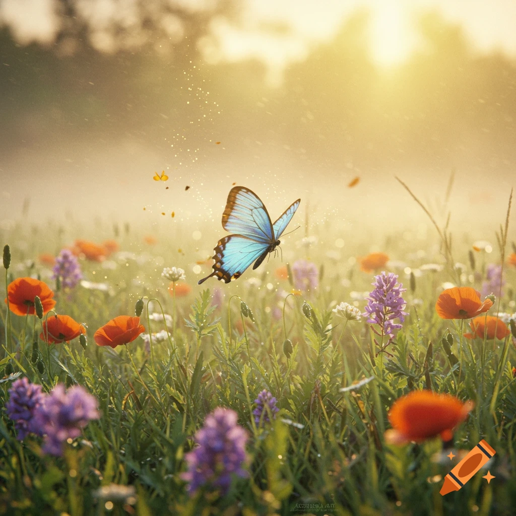Blue butterfly flying over a field of red and purple wildflowers at golden hour, with sparkling light.