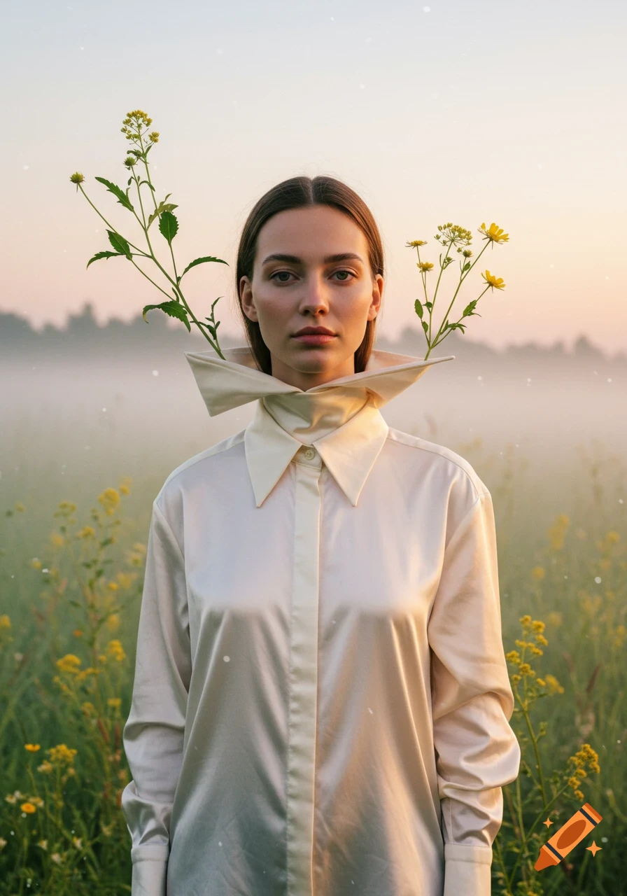 Photorealistic portrait of a woman in a white satin shirt with an unusual collar holding flowers, standing in a misty field at sunrise.