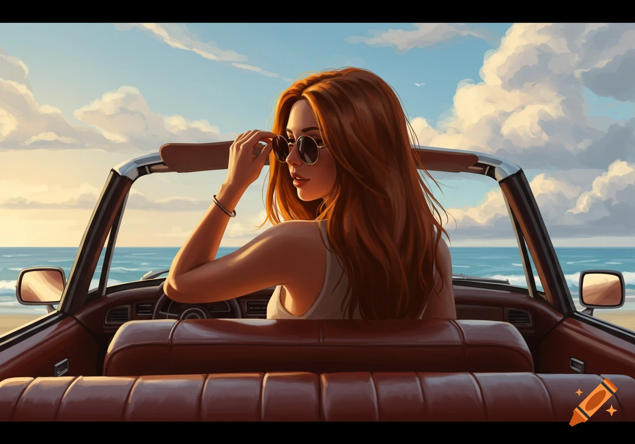 A red-haired woman in sunglasses looks back while driving a convertible by the beach at sunset.