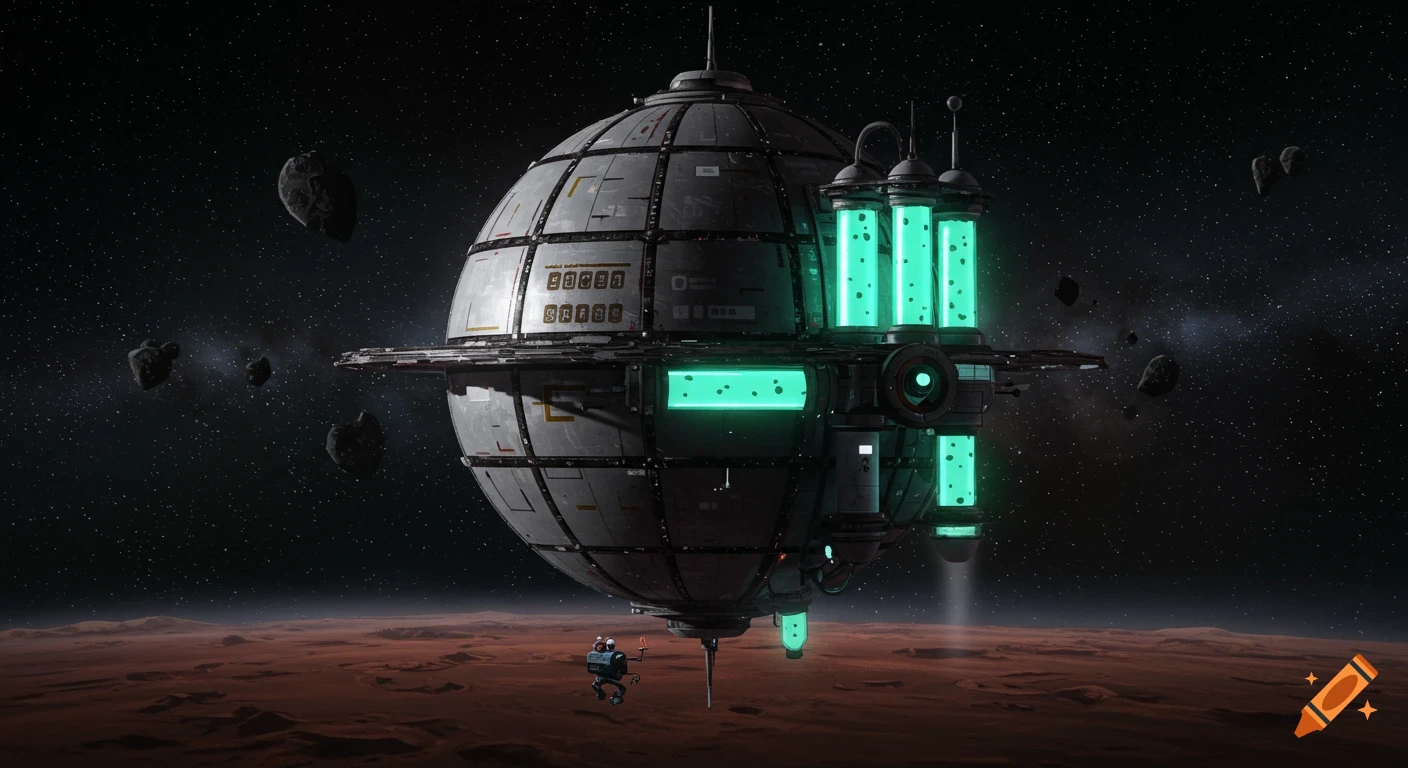 A spherical space station with glowing green tubes hovers over a red planet with asteroids in space, a small robot below.