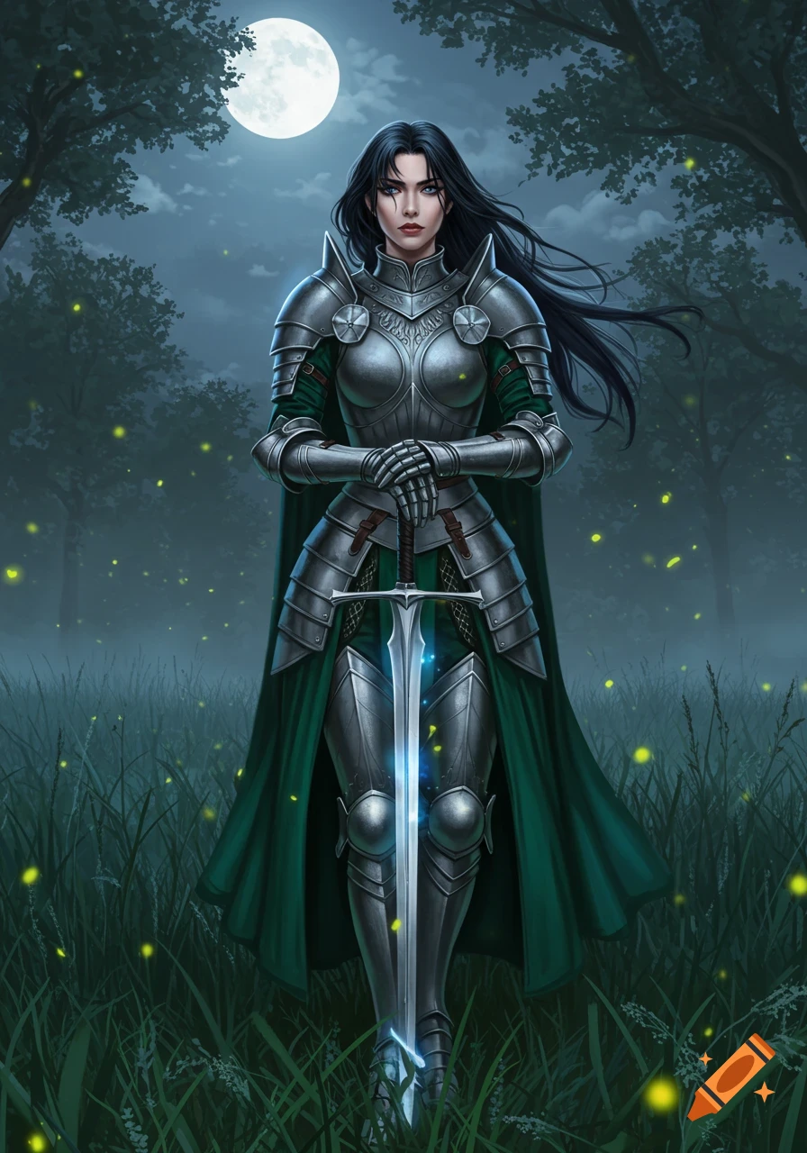 A female knight in silver armor and green cape stands in a moonlit forest with fireflies, holding a glowing sword.