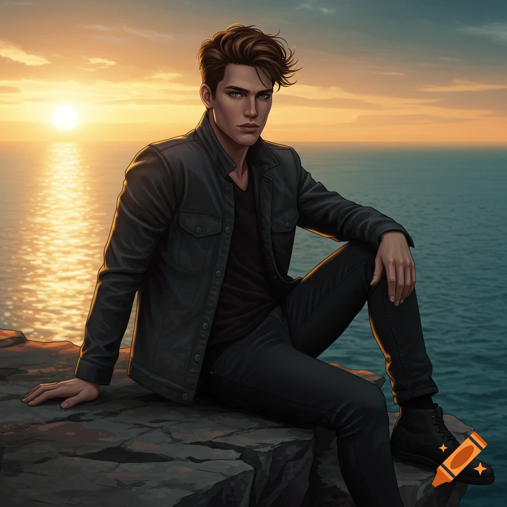 An illustrated young man with brown hair sits on a cliff overlooking the ocean at sunset.