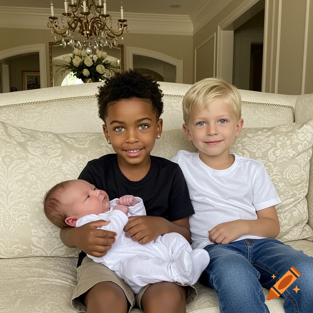 Two young boys smiling on a couch, one holding a newborn baby, in a well-lit living room.
