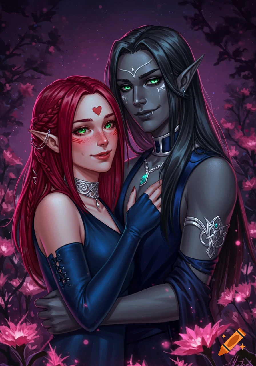 Two fantasy characters embrace in a field of pink flowers: a red-haired woman with a heart on her forehead and a dark-skinned elf with fangs.