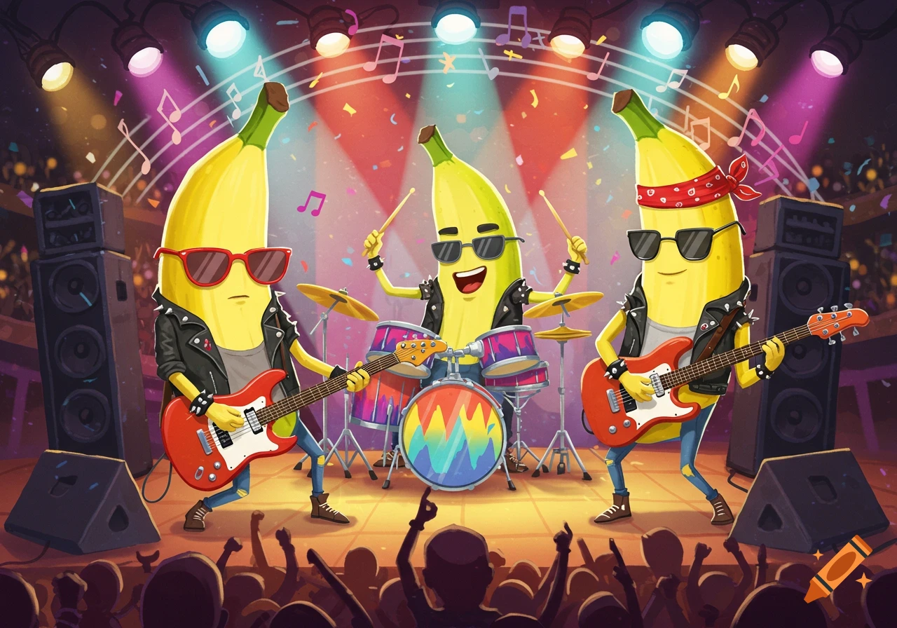 Cartoon rock band of three bananas playing instruments on a stage with colorful spotlights and an audience.