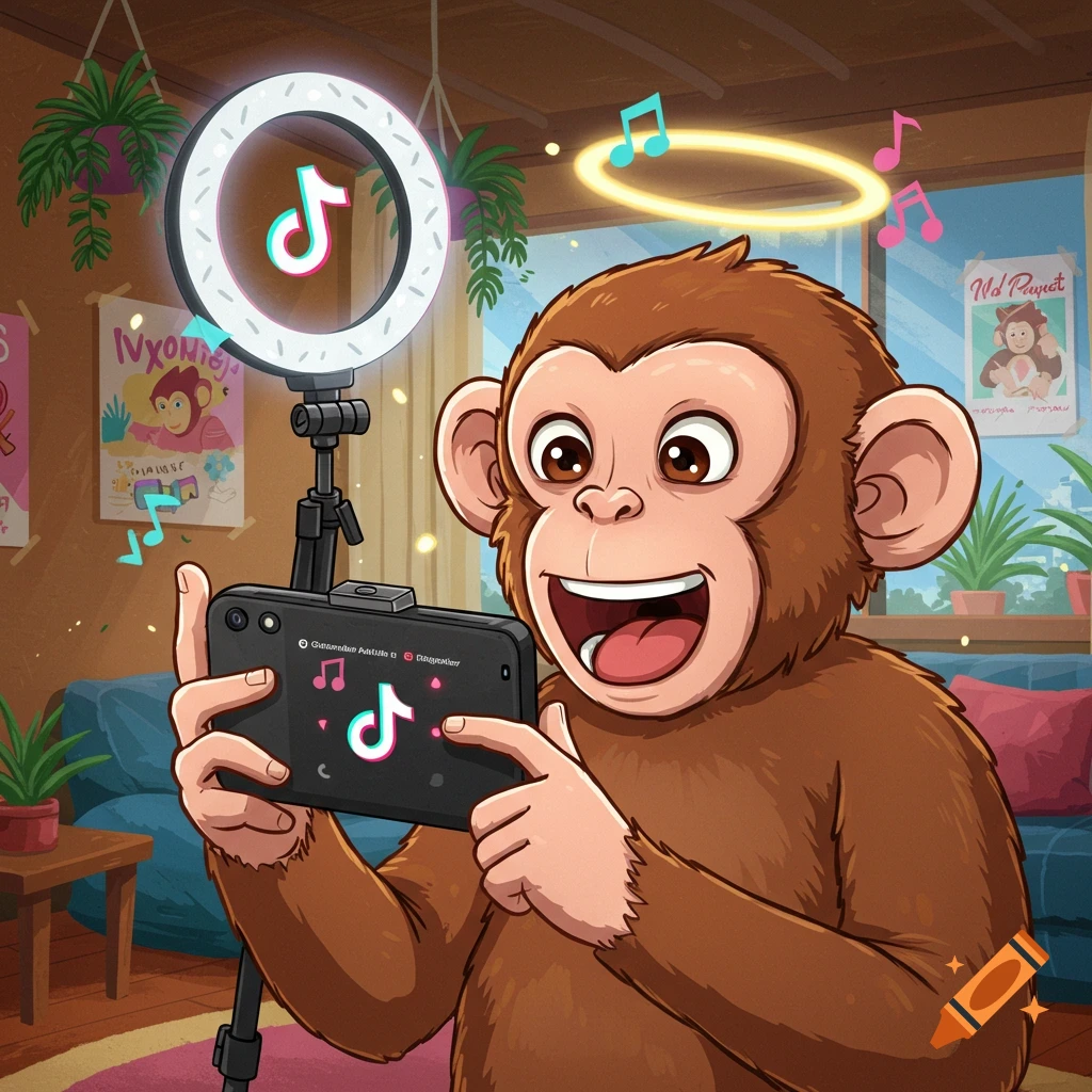 Cartoon monkey happily holding a smartphone with a TikTok logo, recording a reel with a ring light in a cozy room.