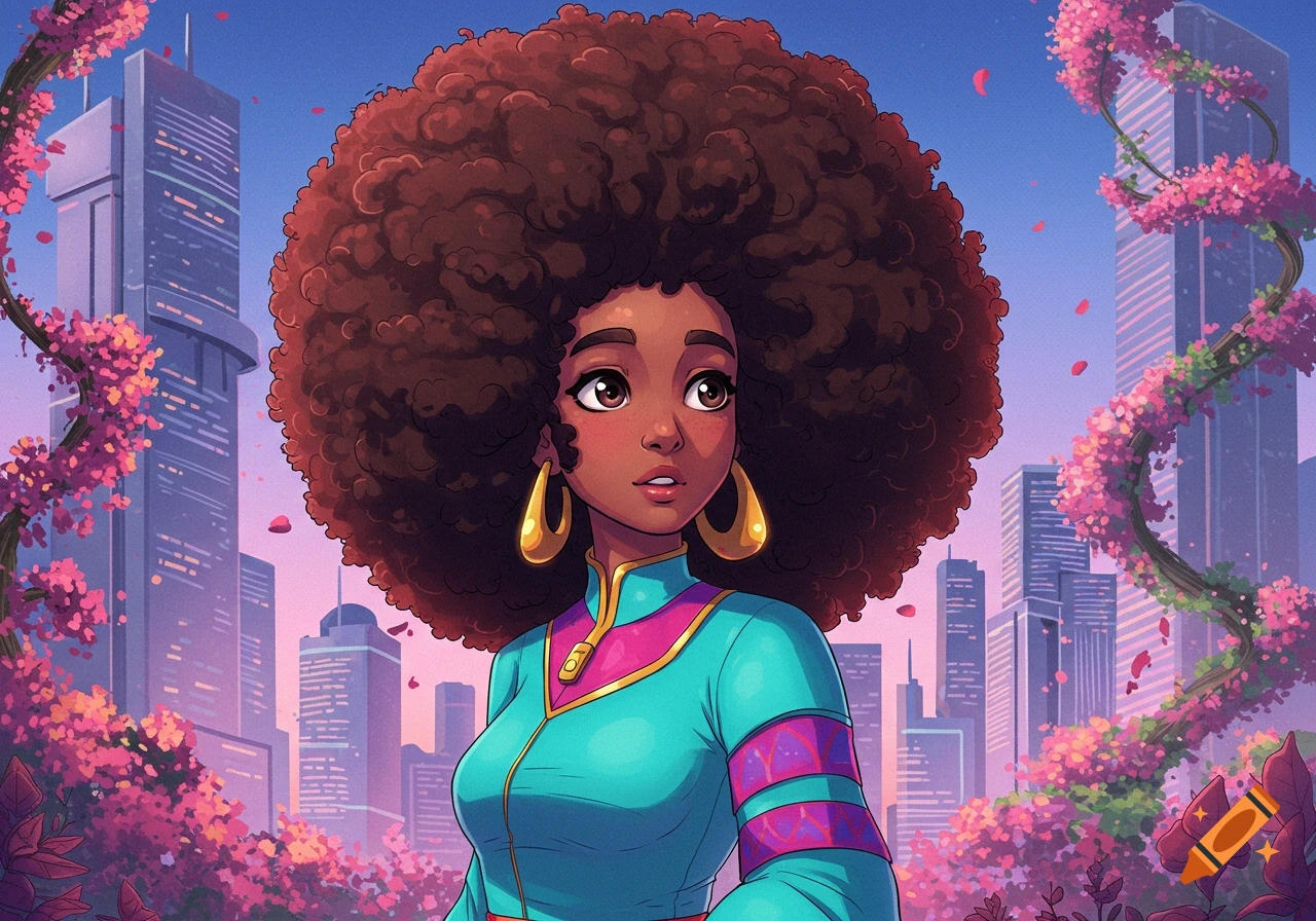 Anime-style portrait of a young Black woman with a large afro, gold earrings, and a teal outfit, set against a city skyline with pink blossoms.