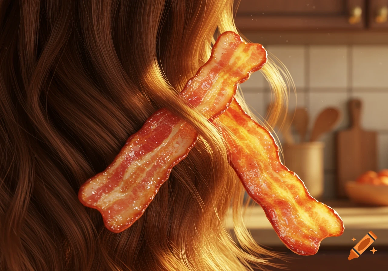 Two strips of crispy bacon are woven into long, wavy reddish-brown hair, with a blurry kitchen in the background, photorealistic style.