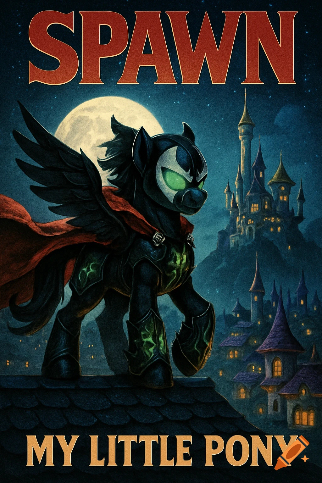 A dark, armored Spawn-like pegasus pony with a red cape on a rooftop at night, with a full moon and a fantasy castle, in movie poster style.
