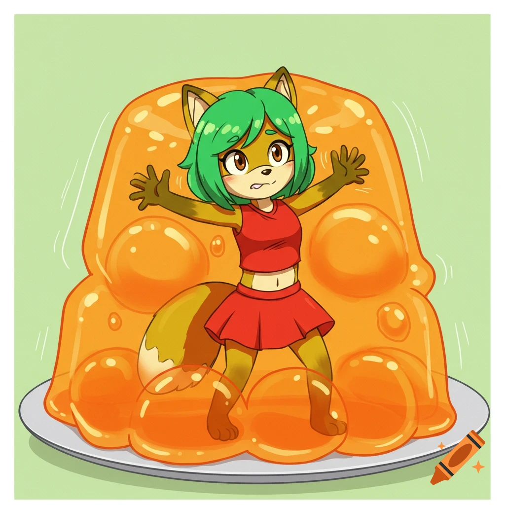 A cartoon anthropomorphic fox girl with green hair and a red outfit is trapped in a giant orange jelly mound on a plate.