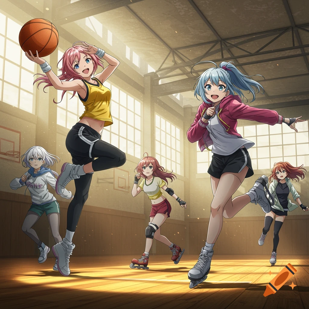 Anime girls playing sports in a sunlit gym, one holding a basketball, others rollerblading and running.