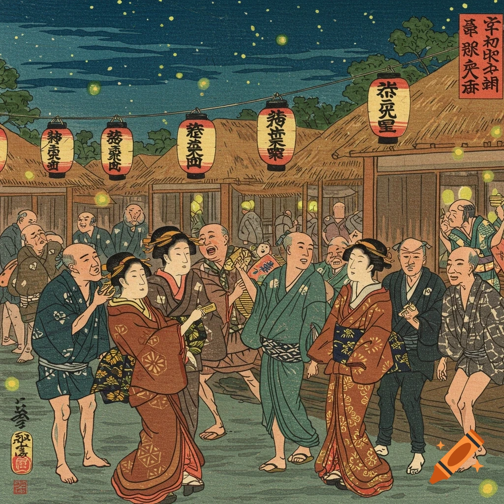 Japanese woodcut of people celebrating outdoors at night, with lanterns strung above a lively crowd in traditional attire under a dark sky with fireflies.