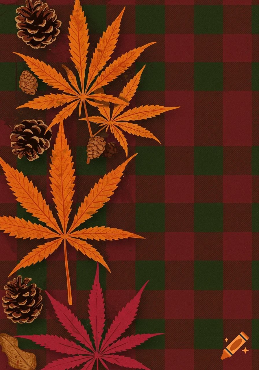 Stencil art of orange and red cannabis leaves with pinecones on a red and green plaid background, evoking autumn.