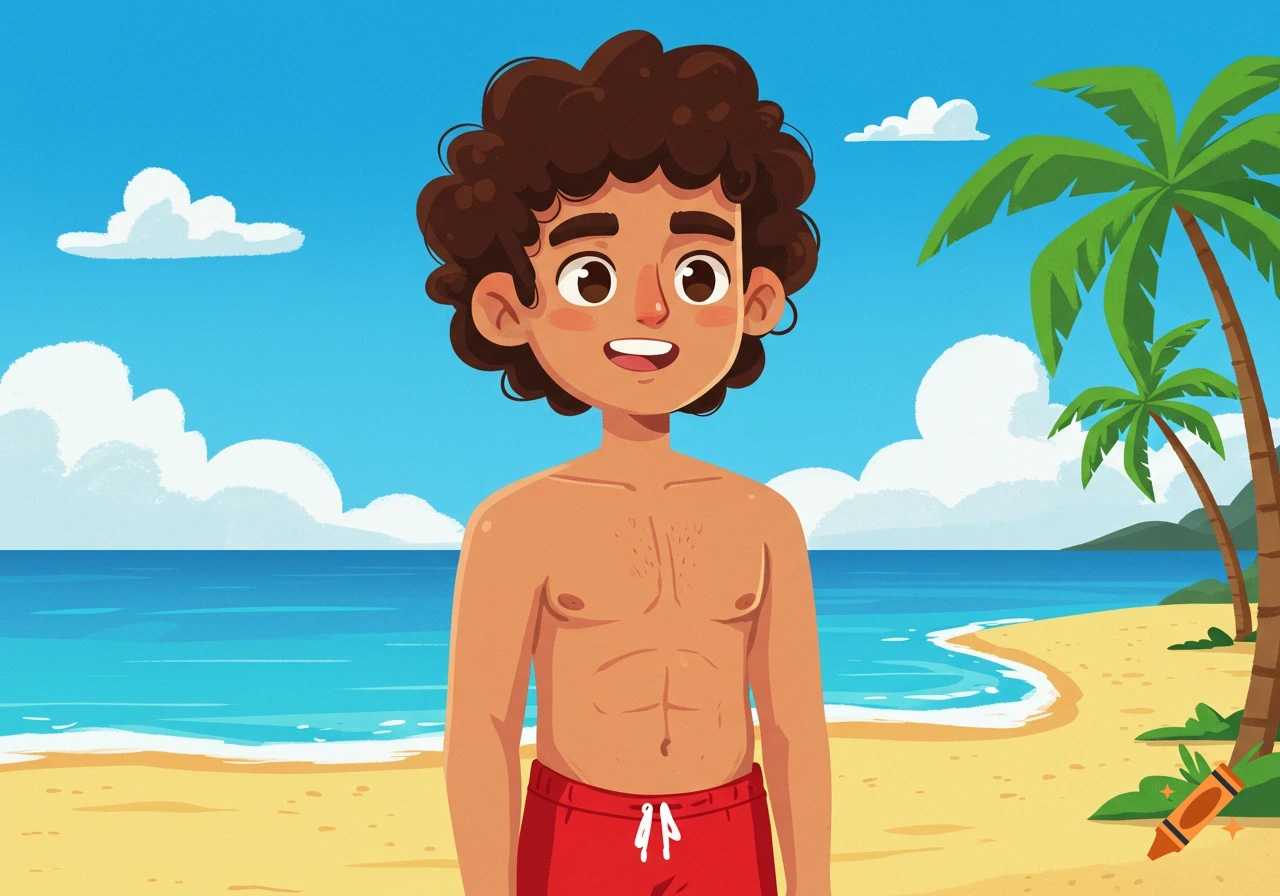 Cartoon illustration of a smiling young man in red swim trunks standing on a sandy beach with palm trees and a blue ocean.
