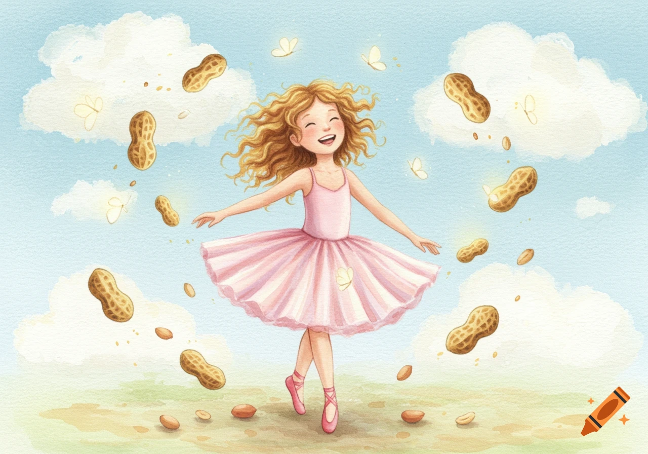 Whimsical watercolor illustration of a happy little girl in a pink tutu twirling with peanuts floating around her.