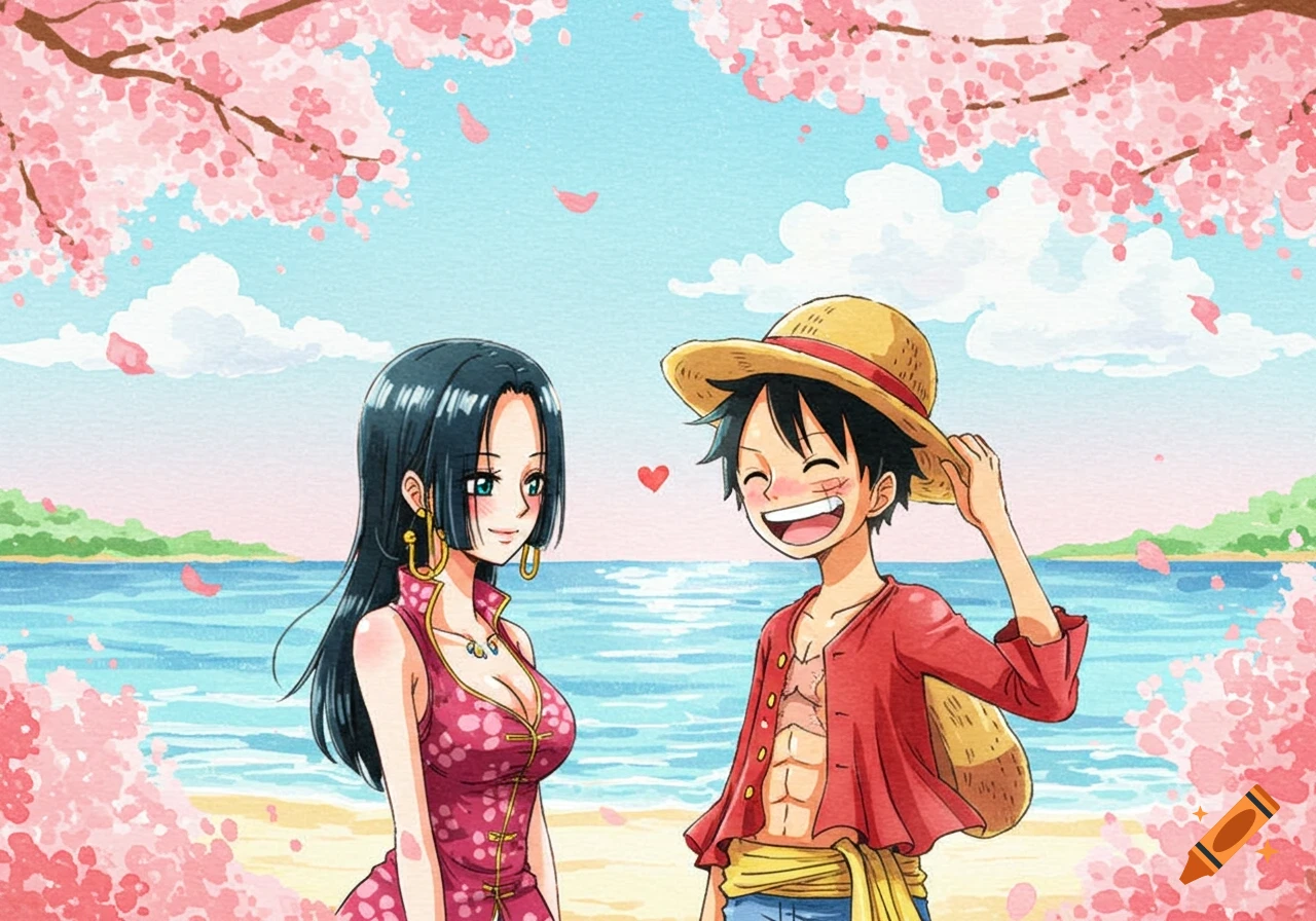 Watercolor painting of anime characters Luffy and Hancock smiling on a beach under pink cherry blossoms, with a red heart symbol between them.