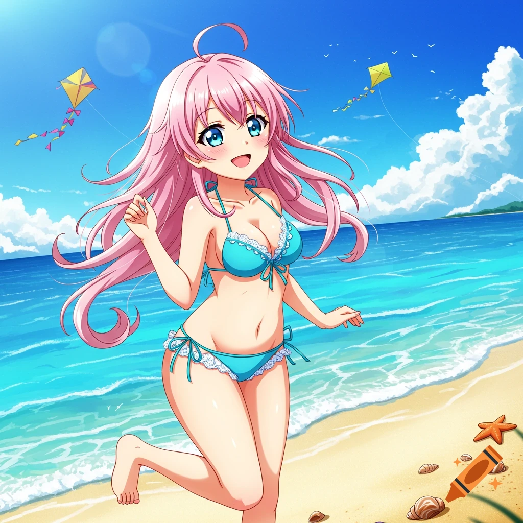 An anime girl with pink hair and blue eyes runs along a sandy beach in a light blue bikini, with kites in the sky.