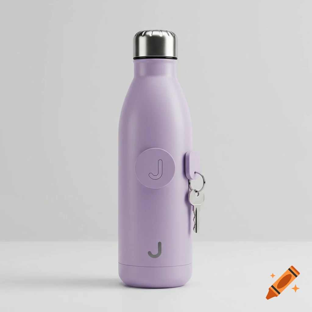 A hyper-realistic product render of a matte lavender stainless steel insulated water bottle with a silver cap and a key hanging from a 'J' shaped hook.