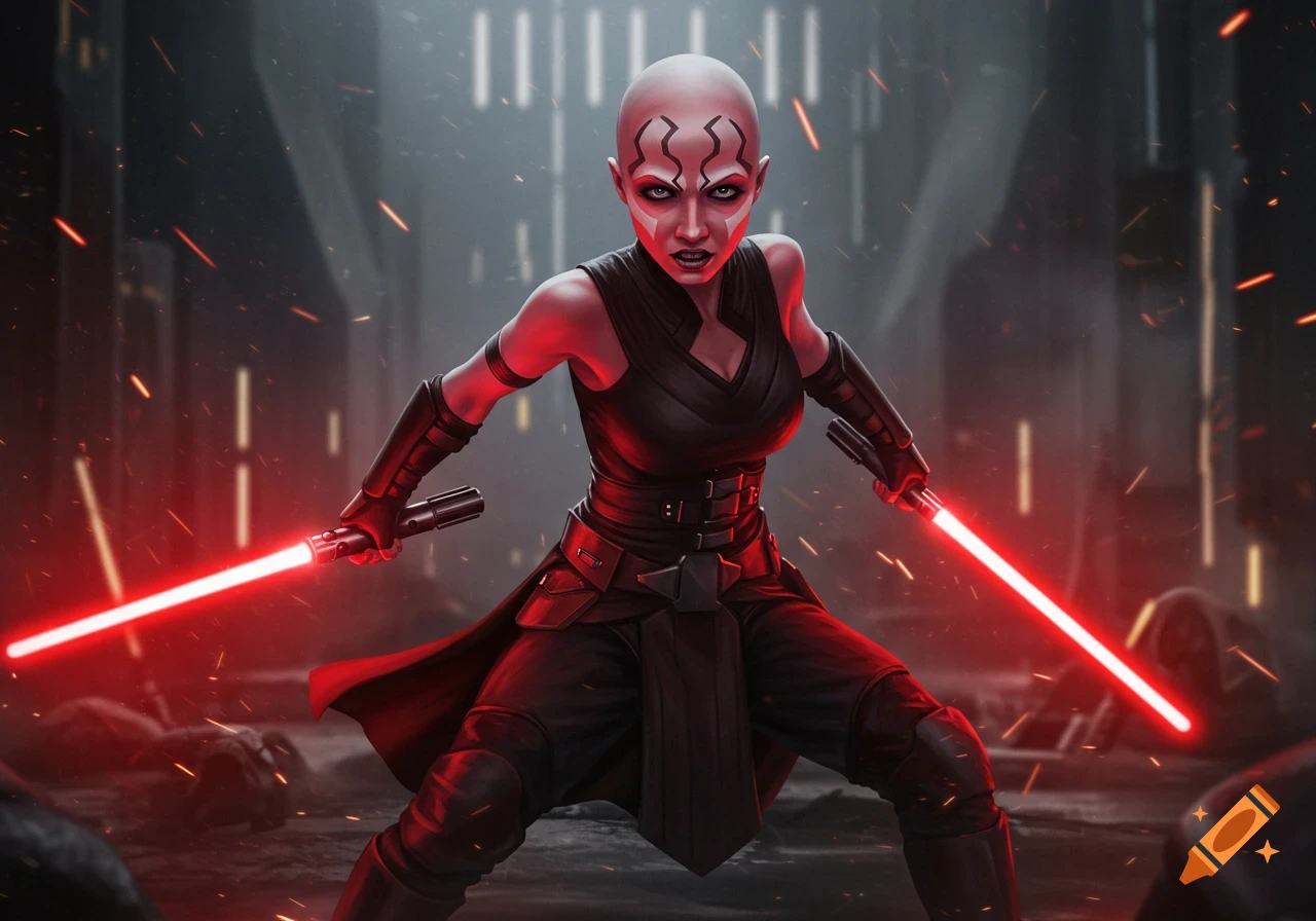 Assajj Ventress from Star Wars, a bald woman with red facial markings, holds two red lightsabers in a fighting pose in a dark, urban setting.