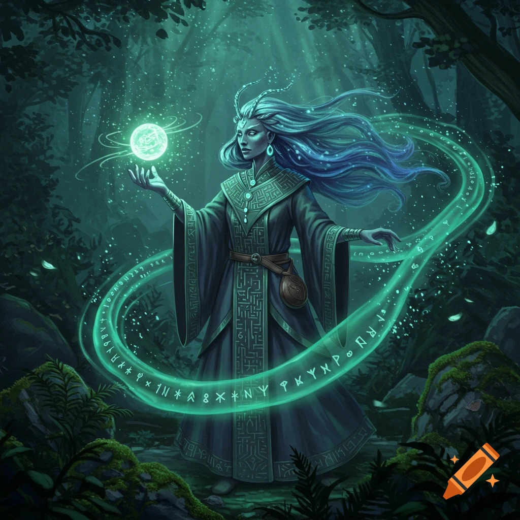 A magical woman with long blue hair, wearing robes, holds a glowing orb in a dark, enchanting forest, surrounded by green energy and symbols.