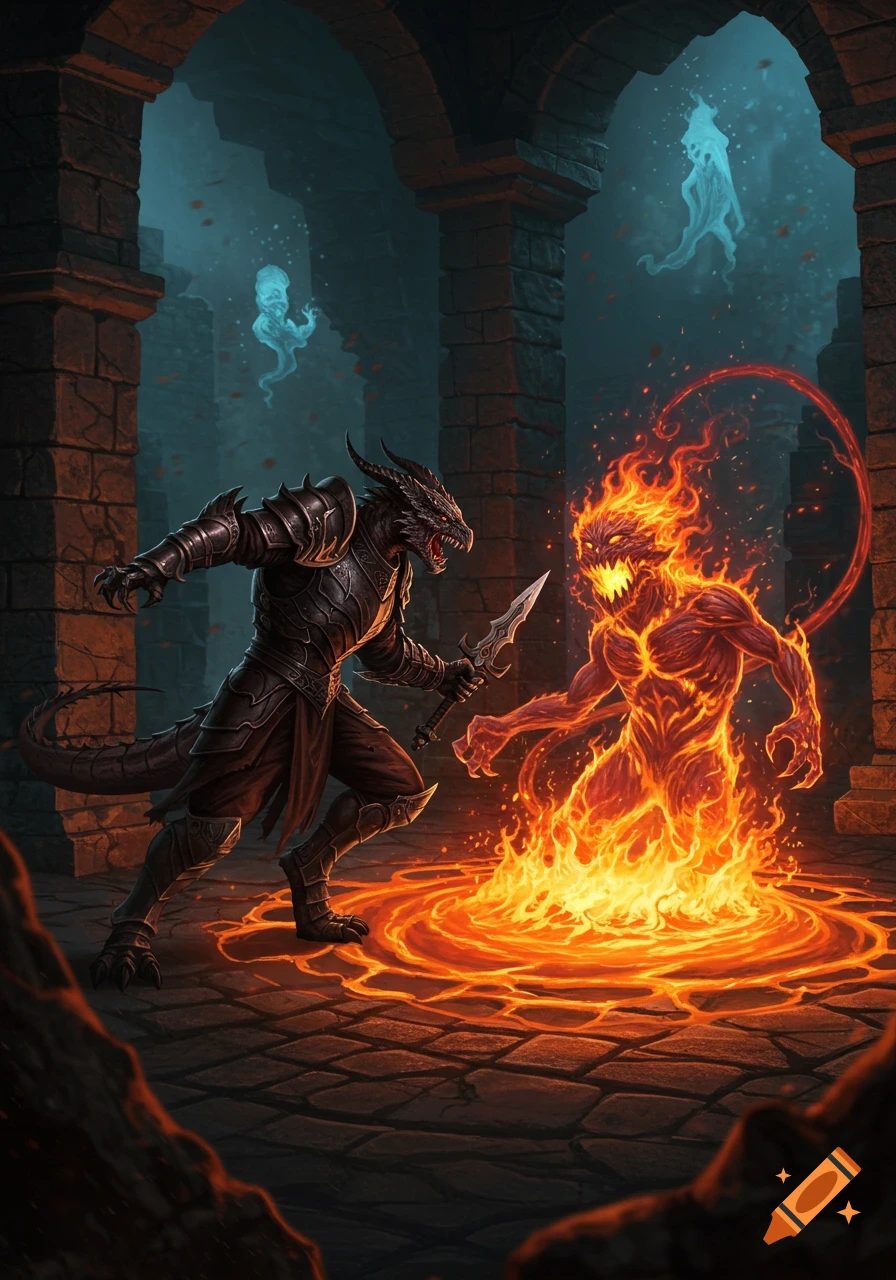 A dragonborn warrior in dark armor confronts a blazing fire elemental in a dimly lit dungeon.
