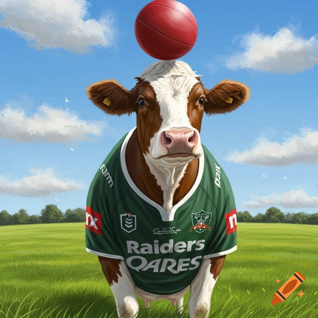 A brown and white cow wearing a green rugby jersey with "Raiders" on it, balancing a red ball on its head in a grassy field under a blue sky.