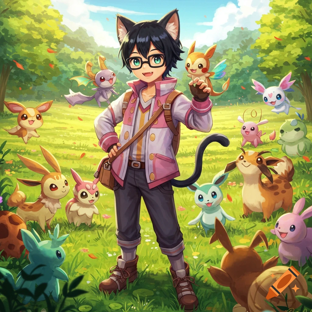 A black-haired anime catboy trainer in glasses holding a small creature, surrounded by many colorful fantasy animals in a grassy field.