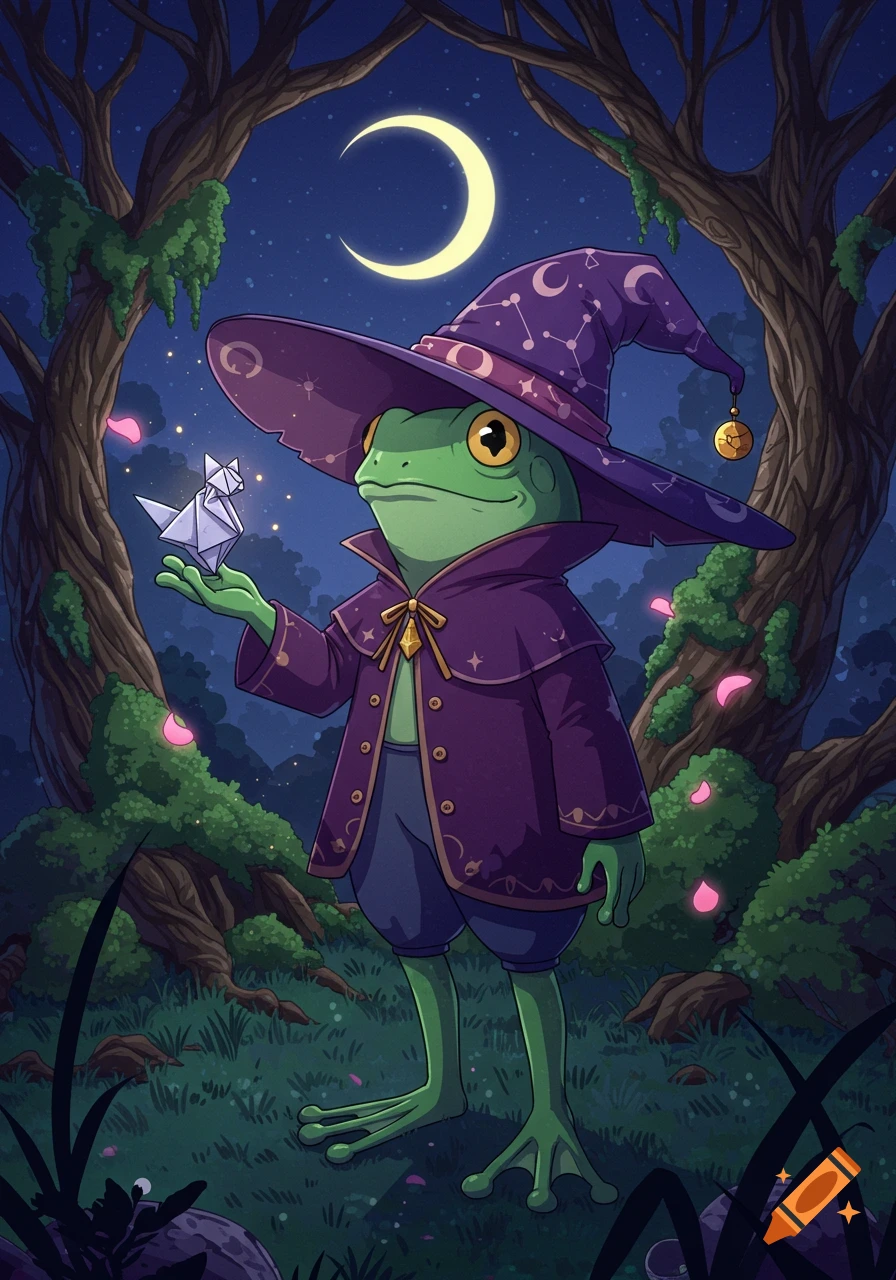 A cartoon frog wizard in a purple hat and cloak holds a glowing origami bird in a moonlit forest.