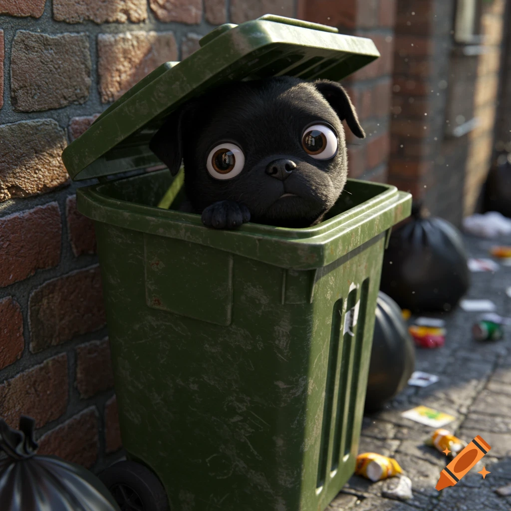 A cute black pug with large eyes peeking out of a green trash bin on a dirty street, 3D render.