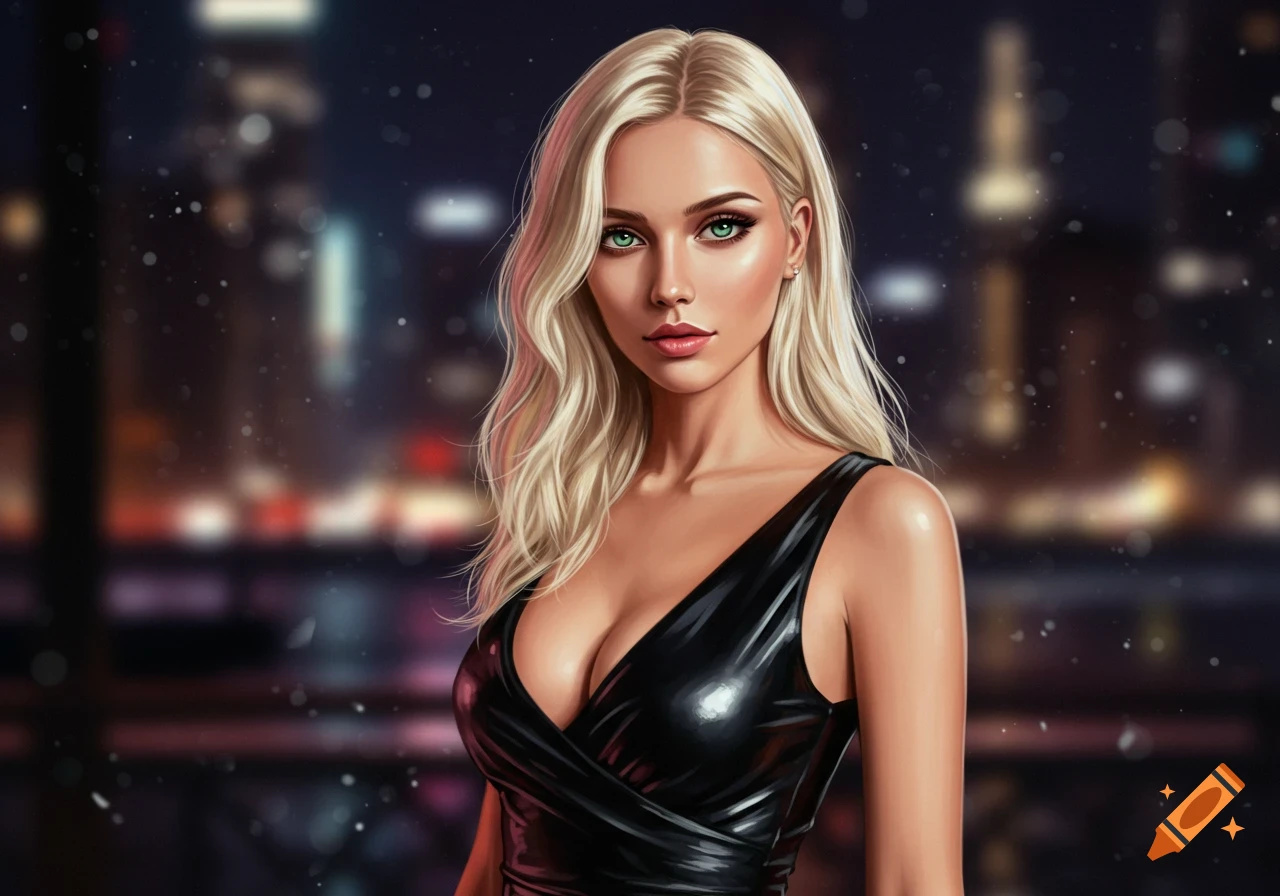 A stunning platinum blonde woman with green eyes wears a black dress against a blurred city night lights background, in a digital art style.