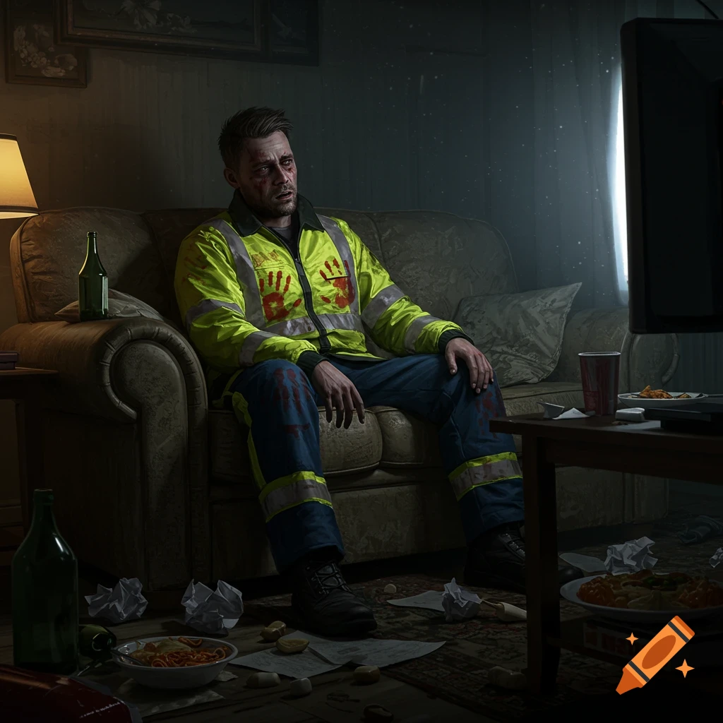 A disoriented man in a yellow high-visibility uniform with red handprints sits on a couch in a messy, dimly lit room.