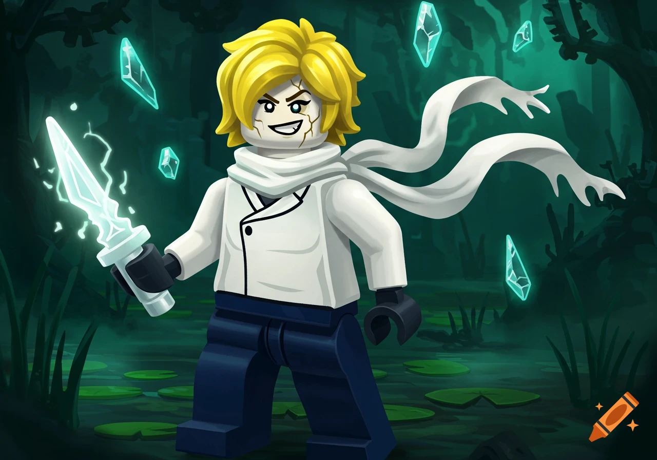 A Lego-style character with blonde hair, a white scarf, and a white and blue outfit, holding a glowing dagger in a dark swamp.