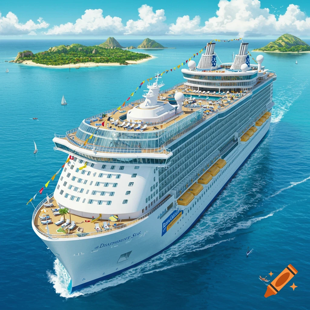 A large, white Royal Caribbean cruise ship, named "The Disappointment of the Seas," sails through turquoise waters past tropical islands under a blue sky.