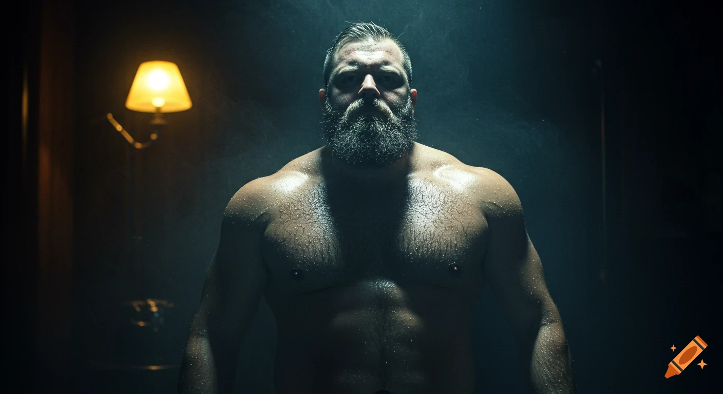 Muscular bearded man, shirtless and wet, stands in a dark room illuminated by dramatic light from a lamp, cinematic style.