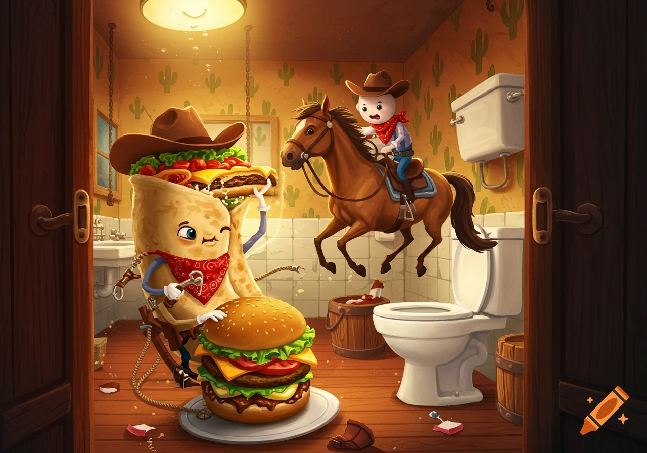 Cartoon cowboy burrito eating a hamburger, with another cowboy on a horse in a whimsical bathroom.