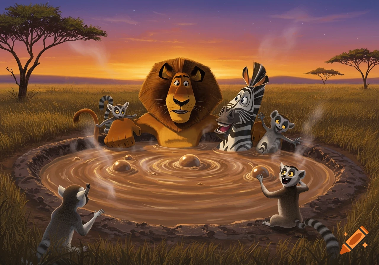 Alex the lion, Marty the zebra, and several lemurs from Madagascar relax in a bubbling mud pit in a savanna at sunset, cartoon style.