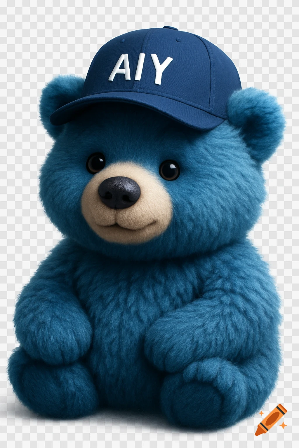 Photorealistic blue fluffy teddy bear wearing a blue baseball cap with 'AIY' on it, transparent background.