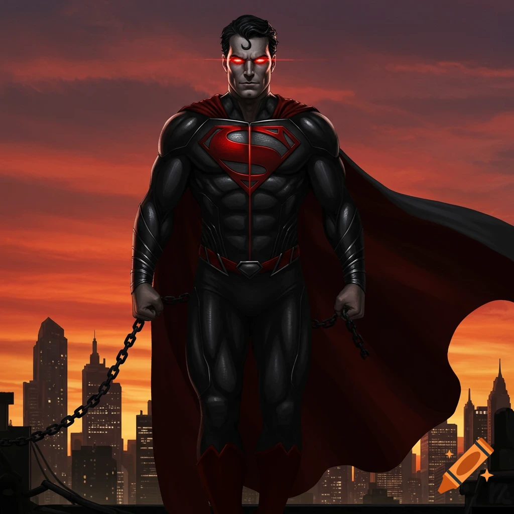 A menacing, dark-suited Superman-like figure with glowing red eyes and a black and red cape stands holding chains against a dramatic orange sunset cityscape.