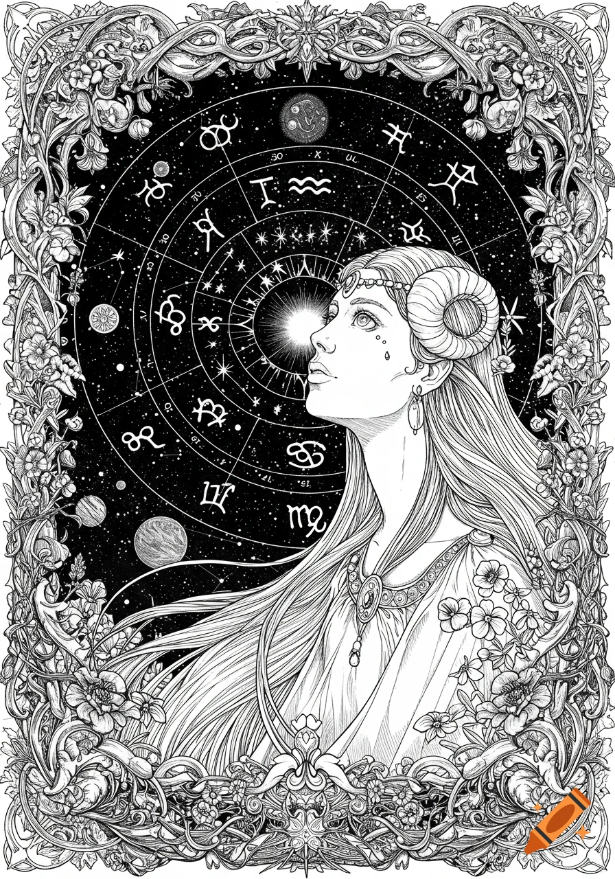 A detailed black and white line drawing of a goddess with ram horns gazing up at a sky filled with zodiac symbols and planets, all framed by an ornate floral border.