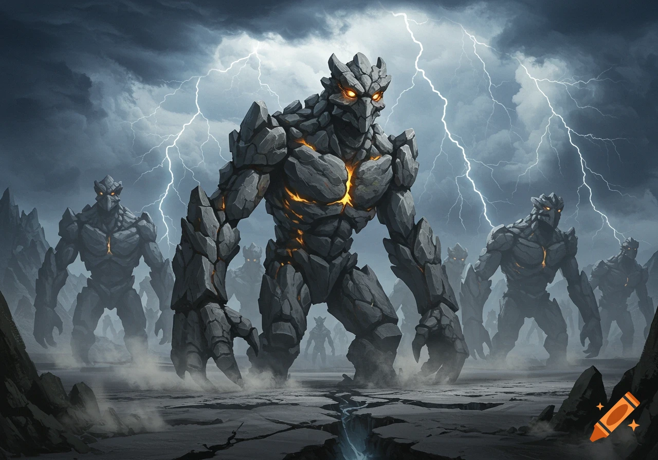 An army of towering rock monsters with glowing eyes stands on cracked earth under a stormy sky with lightning.