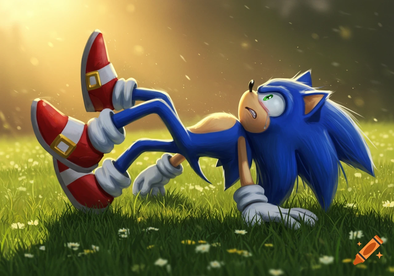 Sonic the Hedgehog lies on his back in a grassy field at sunset, looking up in pain with tears on his face. Digital art.