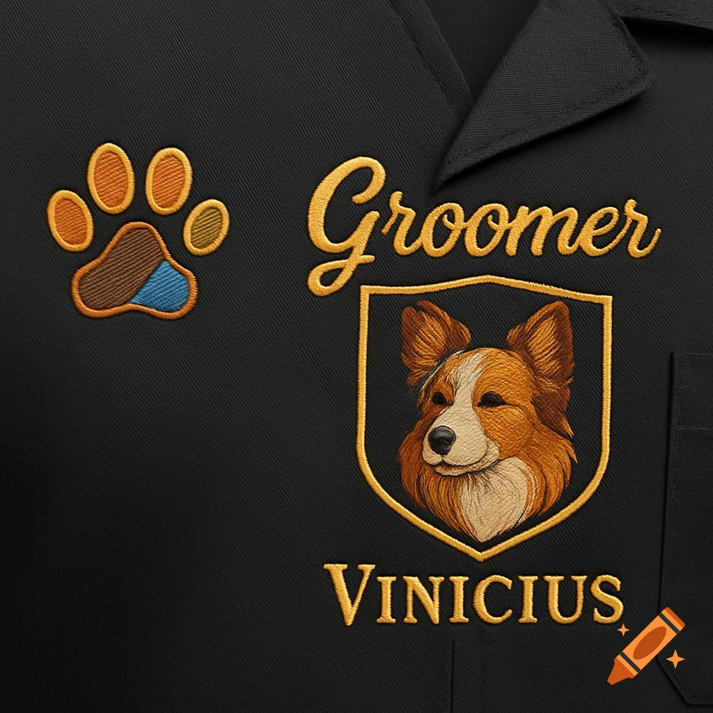 Embroidery on a black uniform featuring a colorful dog paw, the word 'Groomer', a shield with a corgi's head, and 'Vinicius'.
